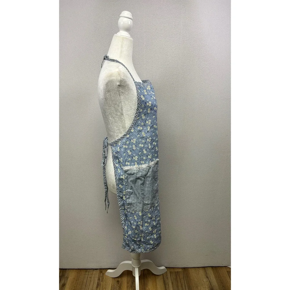 Cottagecore Franco Women OS Blue Floral Gingham‎ Lace Trim Cotton Bib Apron